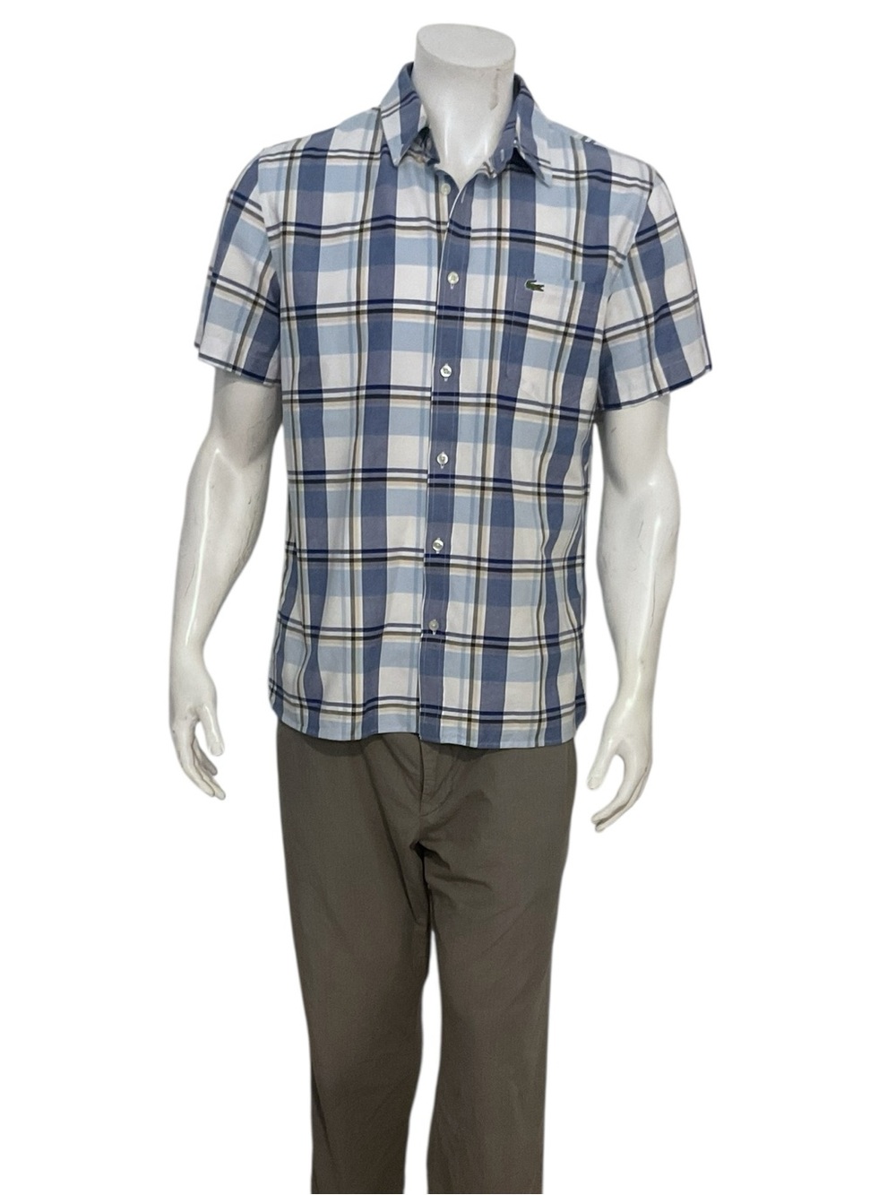 Lacoste Men’s Blue and White Plaid Short-Sleeve Button-Down Shirt